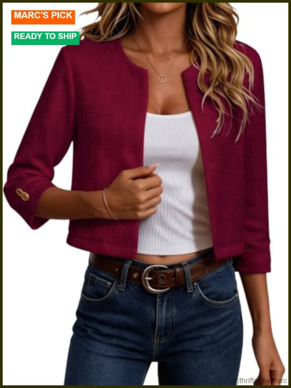 Women's Cropped Blazer Jacket 3/4 Sleeve Open Front Lightweight Casual